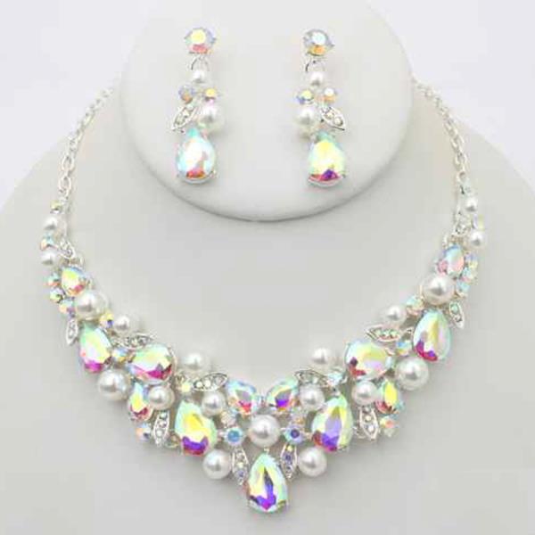 RHINESTONE PEARL STATEMENT NECKLACE EARRING SET