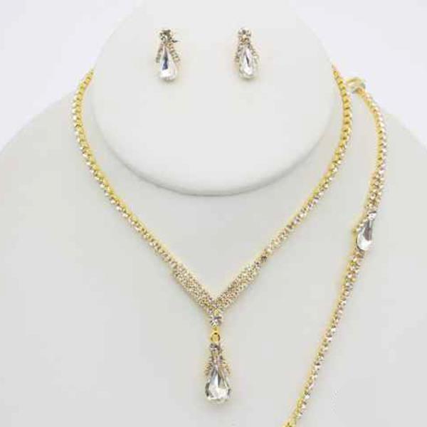 RHINESTONE TEARDROP NECKLACE EARRING BRACELET SET