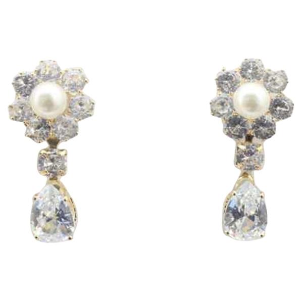 CZ STONE PEARL TEARDROP DROP EARRING