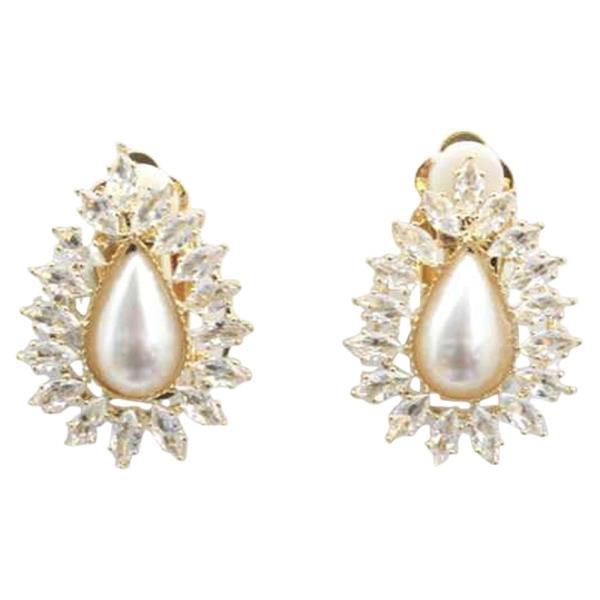 CZ STONE PEARL TEARDROP CLIP ON EARRING