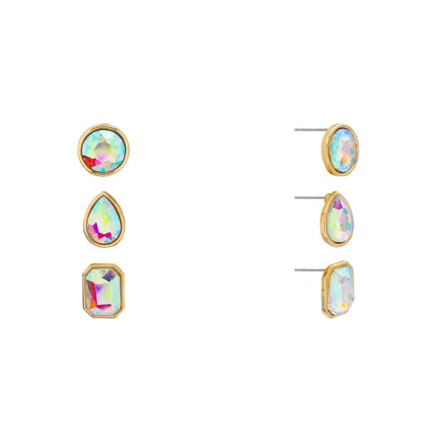 RHINESTONE TRIPLE STONE STUD EARRING SET