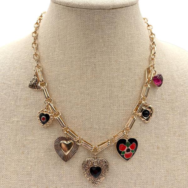RHINESTONE MULTI HEART CHARM NECKLACE