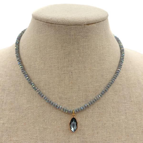 BEADED RHINESTONE TEARDROP PENDANT NECKLACE