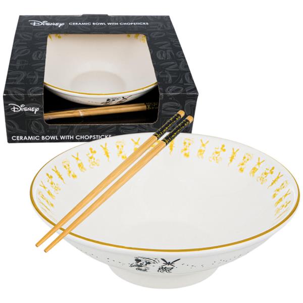 DISNEY MICKEY AND MINNIE MOUSE CERAMIC BOWL WITH CHOPSTICKS