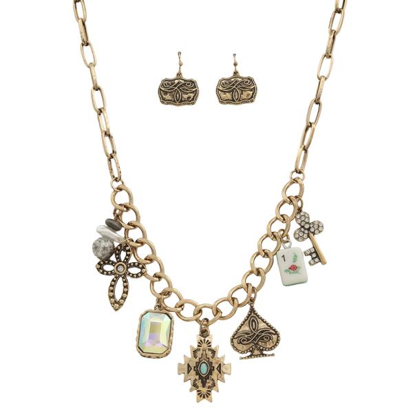 WESTERN TURQUOISE FLOWER CROSS MULTI CHARM NECKLACE