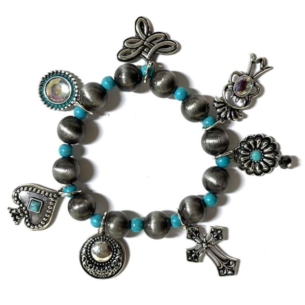 WESTERN TURQUOISE CROSS MULTI CHARM BEADED BRACELET