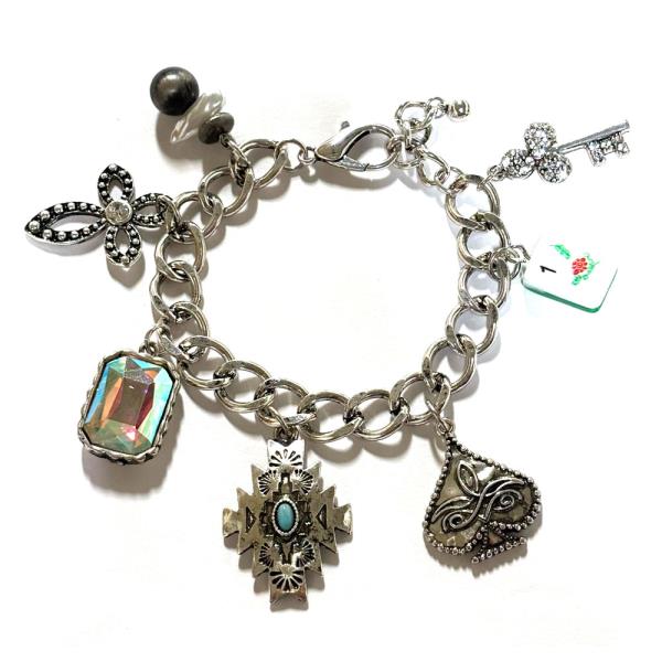 WESTERN TURQUOISE KEY CROSS MULTI CHARM CHAIN BRACELET