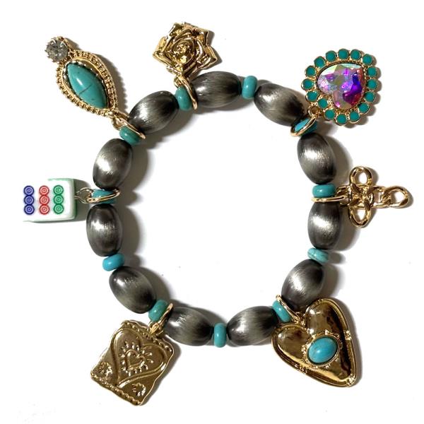 WESTERN TURQUOISE HEART MULTI CHARM BEADED BRACELET