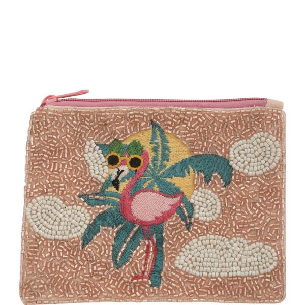 BEADED TROPICAL FLAMINGO COIN PURSE