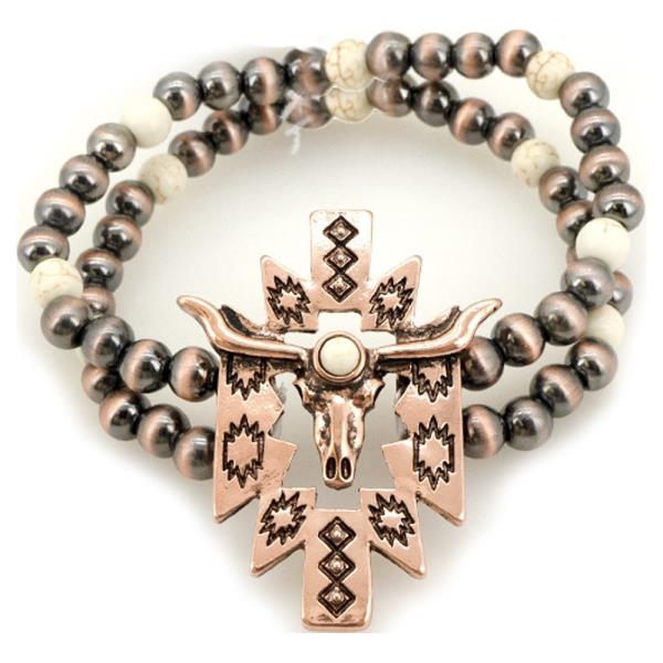 WESTERN BULL SKULL CROSS BEADED STRETCH BRACELET
