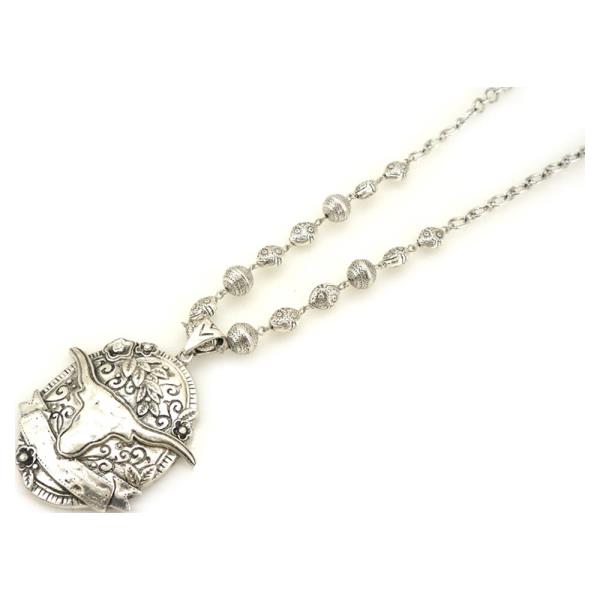 WESTERN BULL SKULL PENDANT METAL BEADED NECKLACE