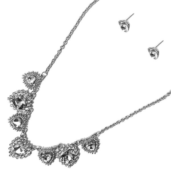 METAL W/ STONE HEART NECKLACE EARRING SET