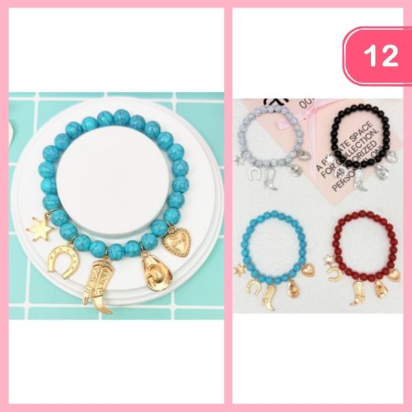BEADED WESTERN CHARM  STRETCH BRACELET (12 UNITS)