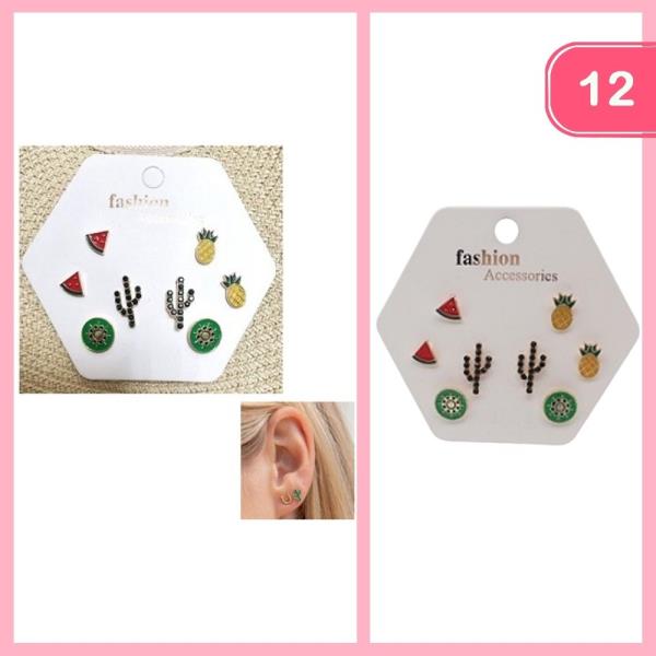 PLAYFUL WATERMELON PINEAPPLE CACTUS POST EARRINGS (12 UNITS)