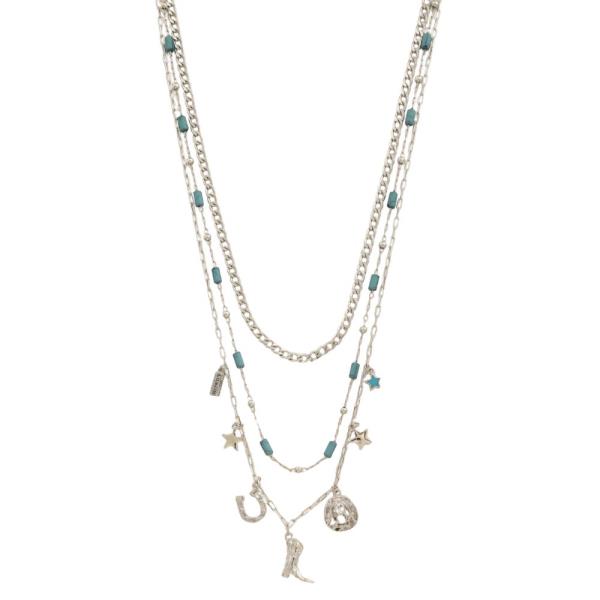 3 LAYERED METAL CHAIN WESTERN MULTI CHARM NECKLACE