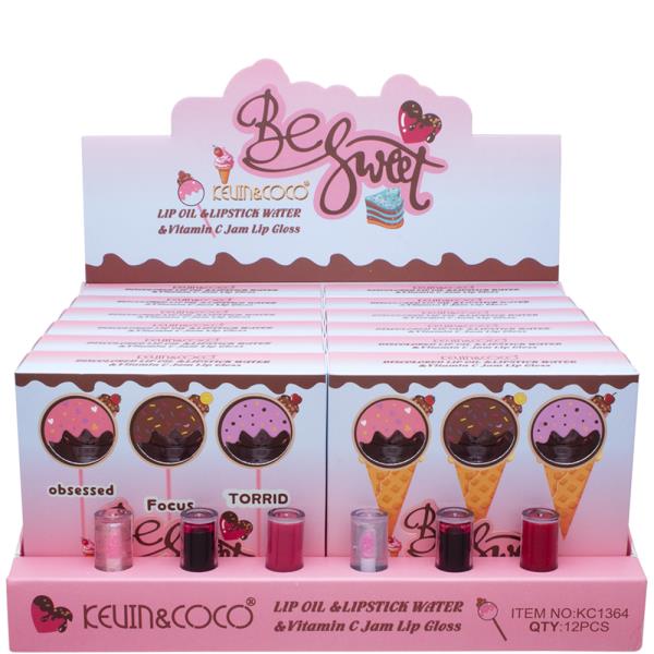 KEVIN AND COCO BE SWEET LIP OIL AND LIPSTICK AND VITAMIN C JAM LIP GLOSS (12 UNITS)