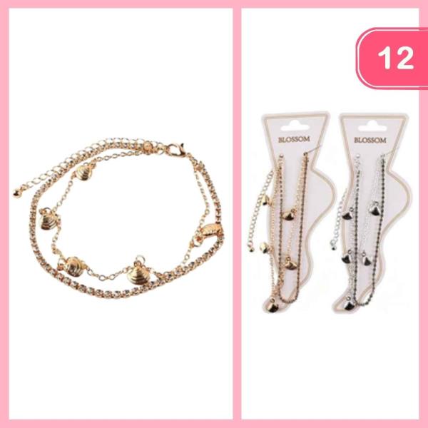 RHINESTONE LAYERED SEA SHELL CHARM ANKLET (12 UNITS)