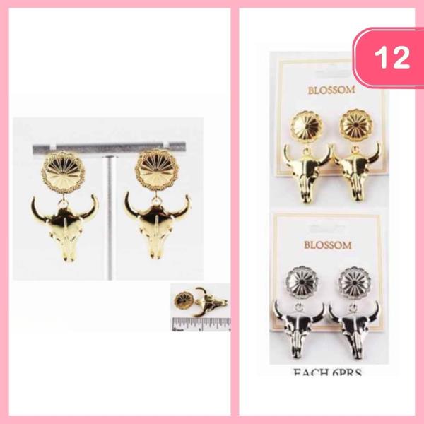 WESTERN COW SKULL DANGLE EARRING (12 UNITS)