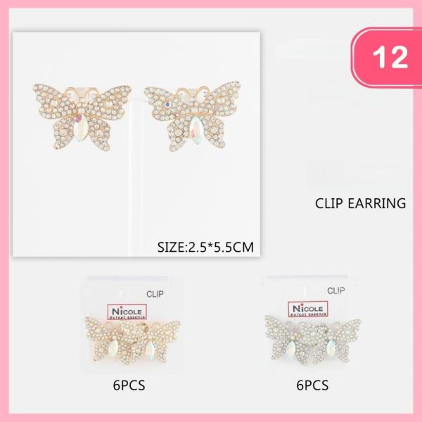RHINESTONE BUTTERFLY CLIP ON EARRINGS (12 UNITS)