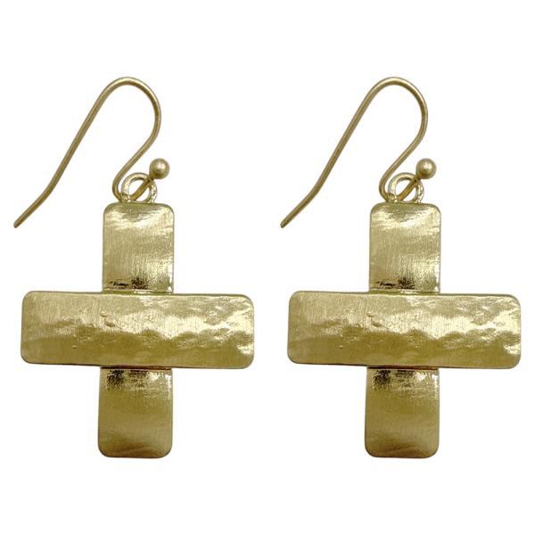 HAMMERED METAL CROSS DROP EARRING