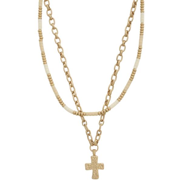 DOULE LAYER CROSS PENDANT BEAD CHAIN LINK NECKLACE