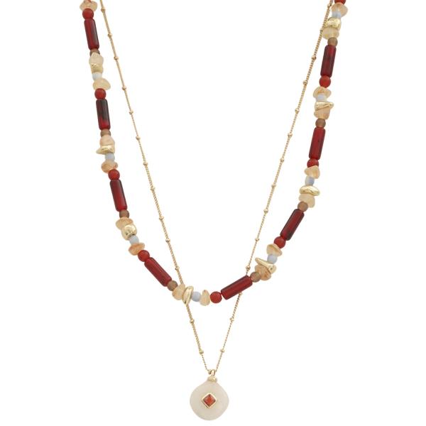 DOUBLE LAYER BEAD NATURAL STONE PENDANT NECKLACE