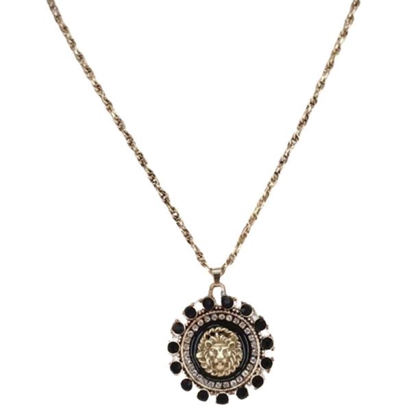 RHINESTONE ROUND LION PENDANT NECKLACE