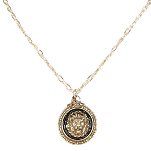 RHINESTONE ROUND LION PENDANT NECKLACE