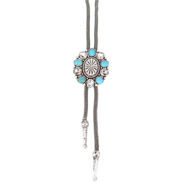 WESTERN TURQUOISE RHINESTONE BOLO LONG NECKLACE