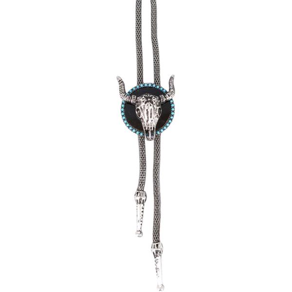 WESTERN TURQUOISE BULL SKULL BOLO LONG NECKLACE