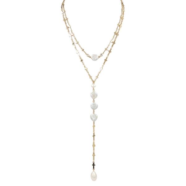 LAYERED PEARL DROP CROSS LAYERED NECKLACE