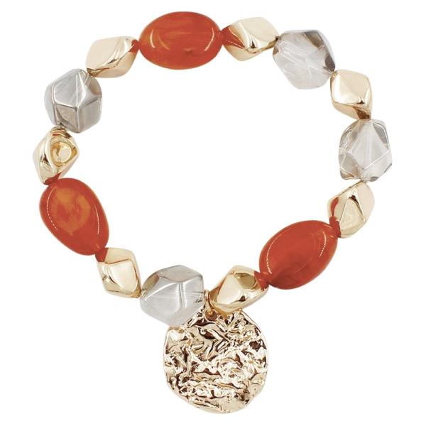 BEADED RESIN ROUND CHARM STRETCH BRACELET