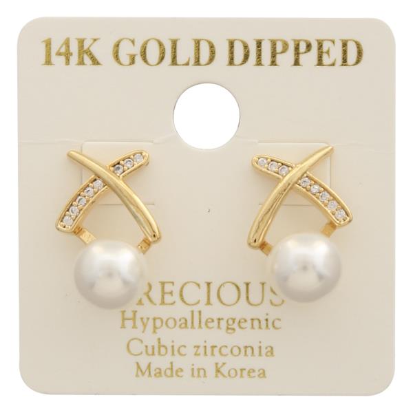 14K GOLD DIPPED CZ CROSSED PEARL EARRING