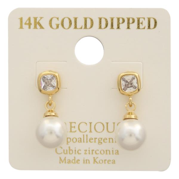 14K GOLD DIPPED CZ PEARL DROP DANGLE EARRING