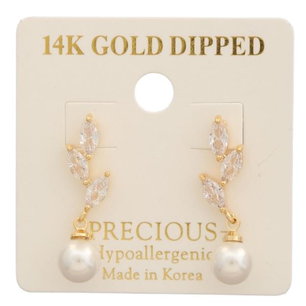 14K GOLD DIPPED RHINESTONE DANGLE PEARL EARRING