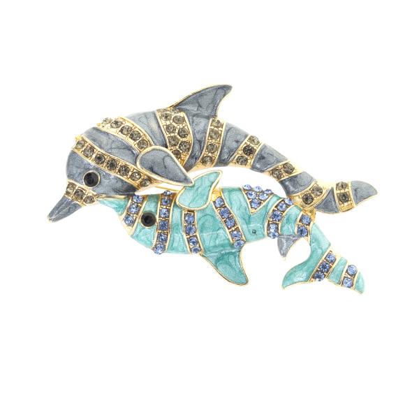 RHINESTONE DOLPHINS MOM AND BABY BROOCH