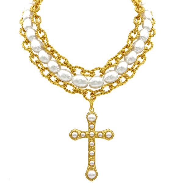 MULTISTRANDS W PEARL CROSS NECKLACE