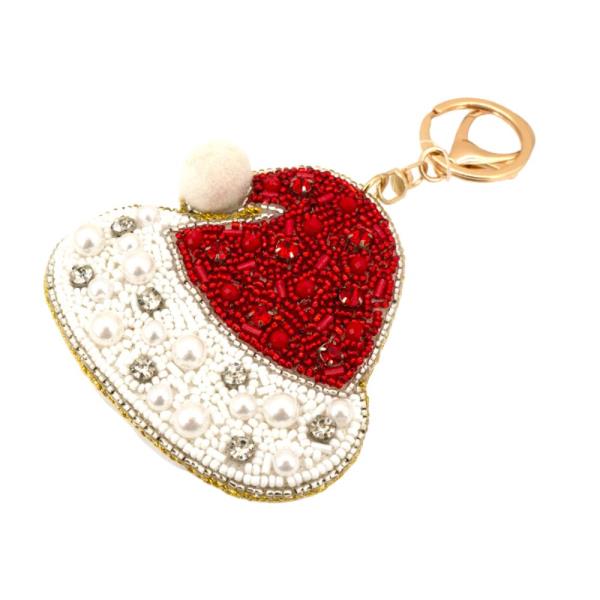 CHRISTMAS SEED BEAD PEARL RHINESTONE SANTA HAT KEYCHAIN