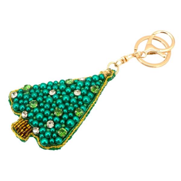 SEED BEAD PEARL RHINESTONE CHRISTMAS TREE KEYCHAIN