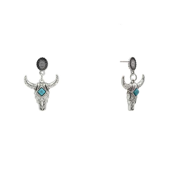 WESTERN TURQUOISE BULL SKULL DROP EARRING