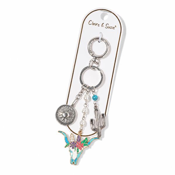 COW SKULL CACTUS SUN COIN CHARM KEYCHAIN