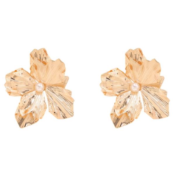 WIDE METAL PEARL FLOWER STUD EARRING