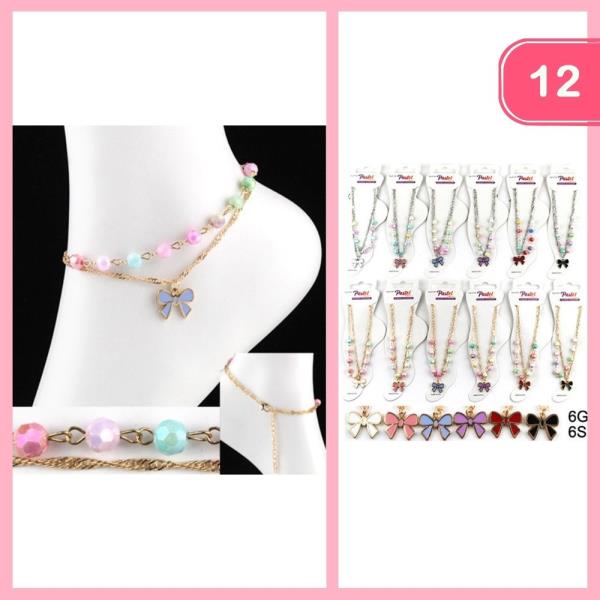 BOW CHARM LAYERED BEADED ANKLET (12 UNITS)