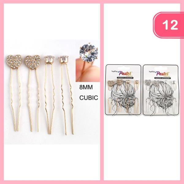 HEART RHINESTONE HAIR PINS (12 UNITS)