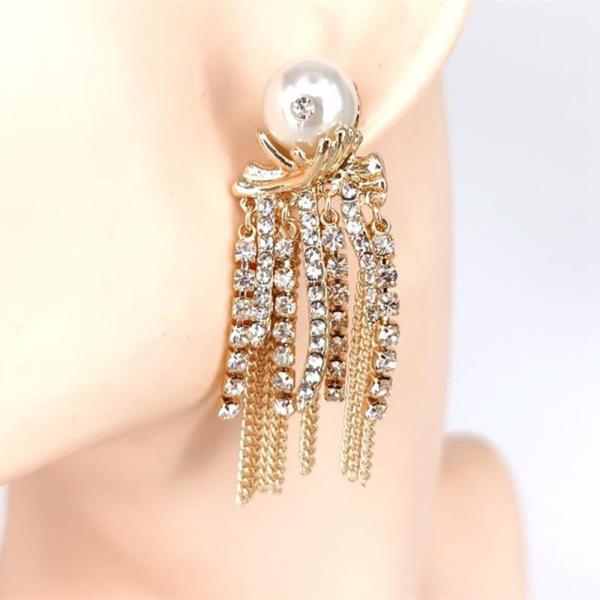 PEARL RHINESTONE CHAIN FRINGE DANGLE EARRING