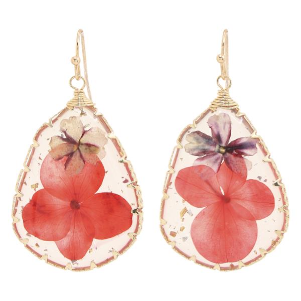 TEARDROP RESIN FLOWER DANGLE EARRING