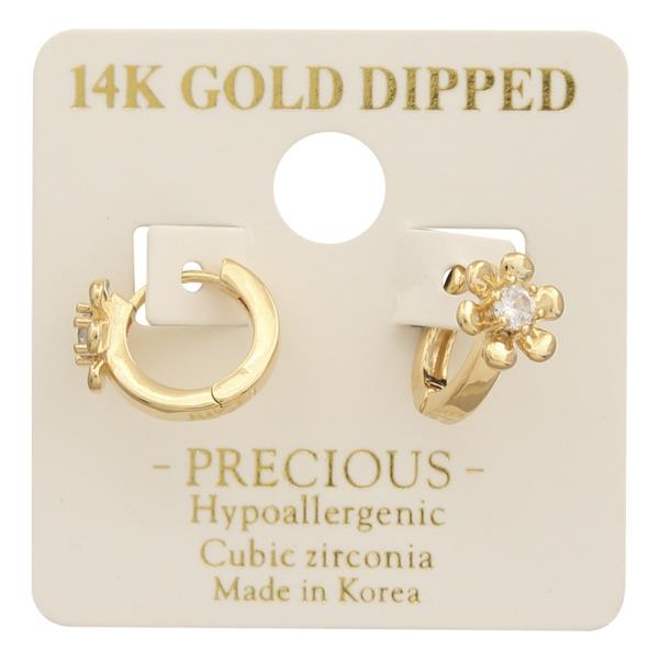 14K GOLD DIPPED CZ SMALL FLOWER HUGGIE HOOP EARRING