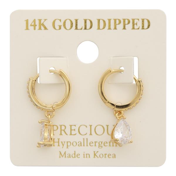 14K GOLD DIPPED TEAR CRYSTAL DANGLE SMALL HOOP EARRING