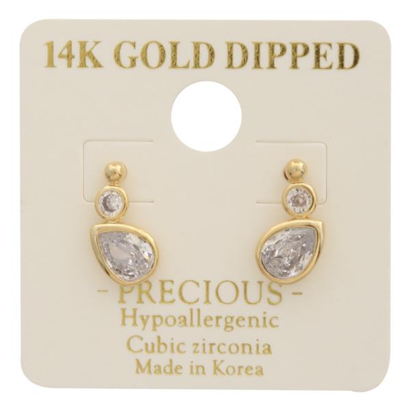 14K GOLD DIPPED CZ ROUND TEAR SHAPED STUD EARRING