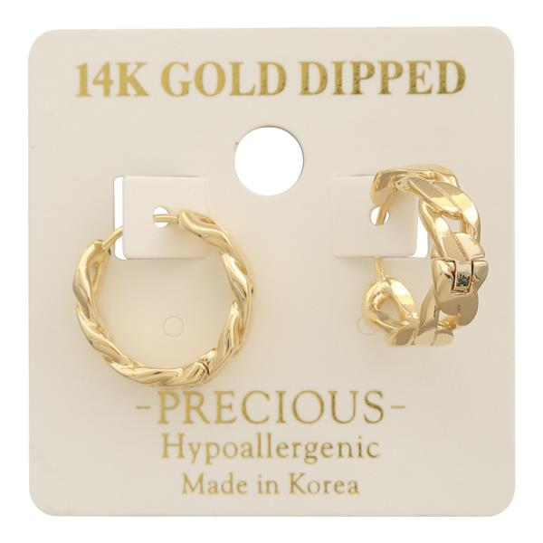 14K GOLD DIPPED TWISTED CHAIN DESIGN HUGGIE HOOP EARRING